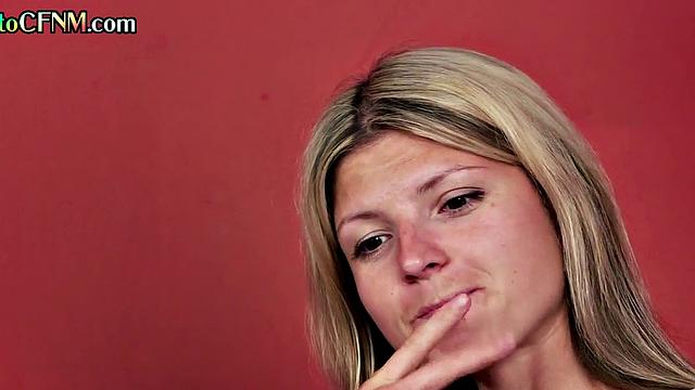 Mature CFNM lady teaching cutie how to cocksuck