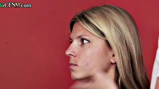 Mature CFNM lady teaching cutie how to cocksuck