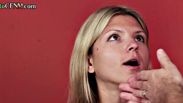 Mature CFNM lady teaching cutie how to cocksuck