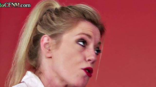 Mature CFNM lady teaching cutie how to cocksuck