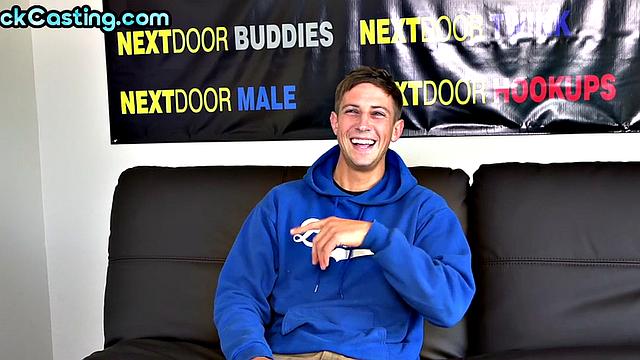 Casting stud jerks cock in solo action after interview