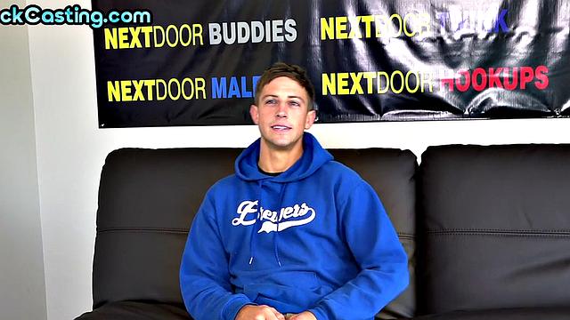 Casting stud jerks cock in solo action after interview