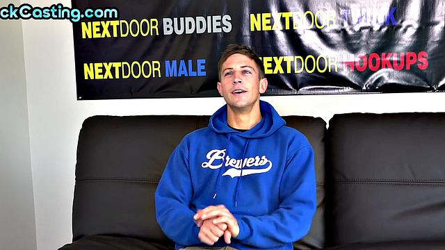 Casting stud jerks cock in solo action after interview