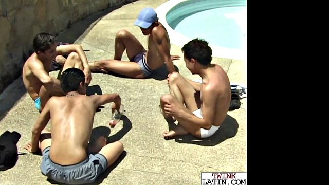 Latin amateur with slim frame takes on two guys in a wild outdoor foursome