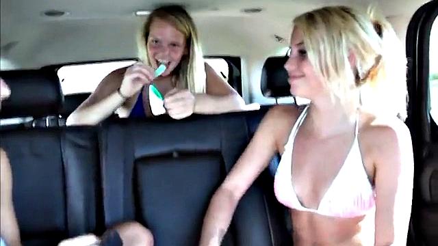 Beach day teen babes get juicy tits out in the car