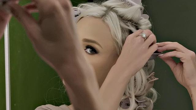 Curly-haired babe in stockings gets her mouth and pussy stuffed with a big black cock