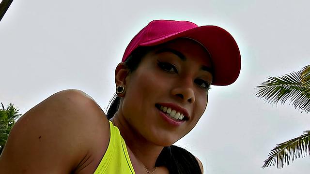 Rebecca's tight Brazilian pussy stretched wide by a big cock in shorts outdoors