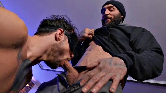 Dominant barebacks blindfolded jock after cocksucking
