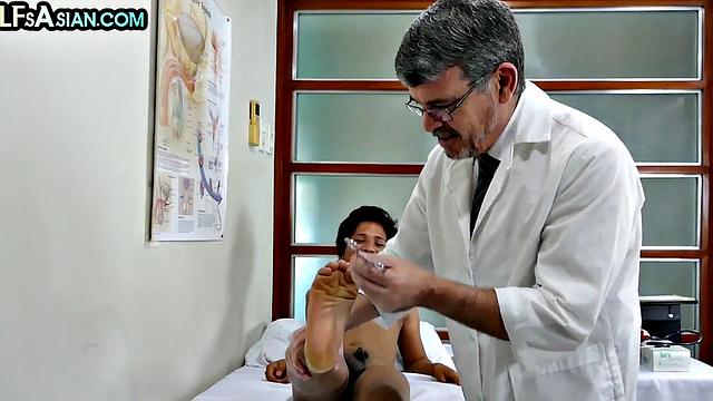 Tiny Asian twink bareback rides doctor's cock in infirmary