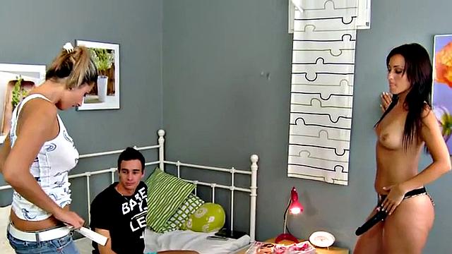 Femdom CFNM amateur chicks pegging sub in FFM 3some