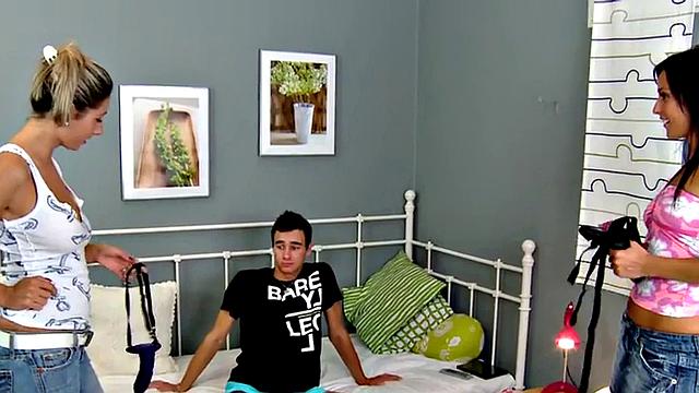 Femdom CFNM amateur chicks pegging sub in FFM 3some