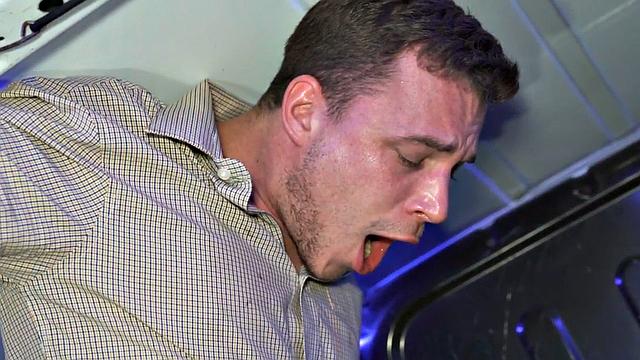 Ebony slut with big tits throating fake priest in threesome