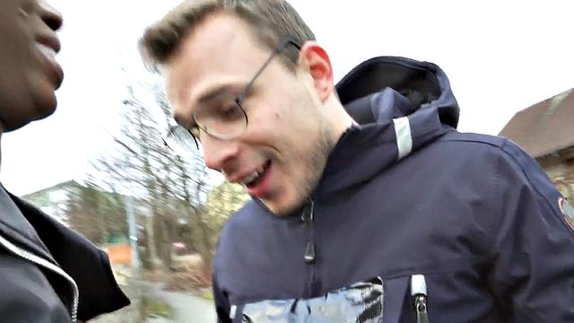 Ebony slut with big tits throating fake priest in threesome