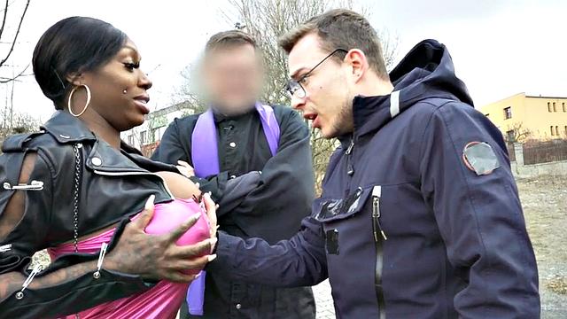 Ebony slut with big tits throating fake priest in threesome