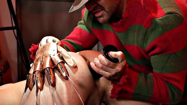 Mesmerized 21yo sub toyed by hunk in BDSM cosplay role