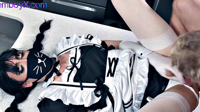 Maid uniform lavenderboy fucked bareback in kitchen