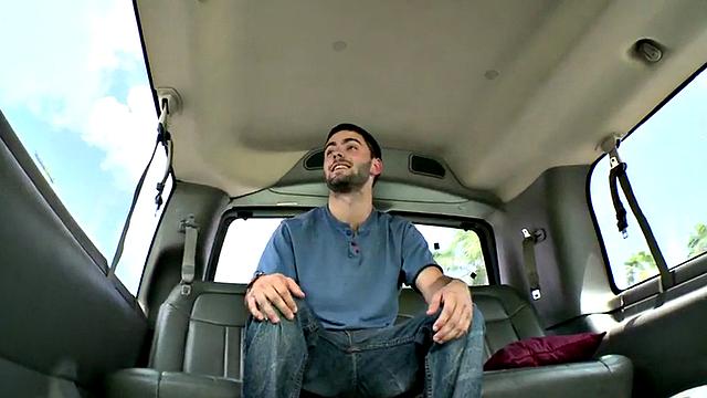 Amateur stud cums on gay dude in bus for money