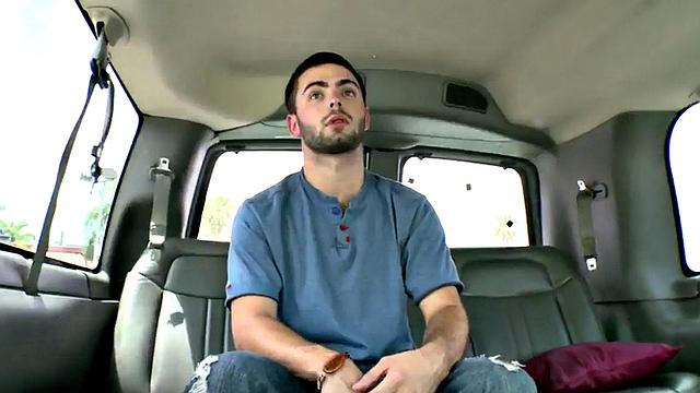 Amateur stud cums on gay dude in bus for money