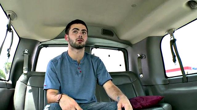 Amateur stud cums on gay dude in bus for money