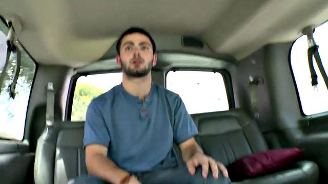 Amateur stud cums on gay dude in bus for money