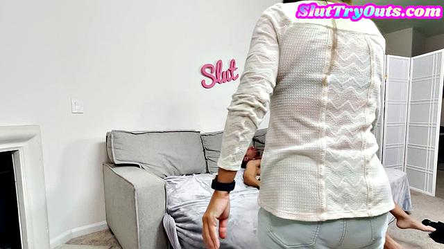 Gagging amateur babe deepthroats in BTS amateur scene