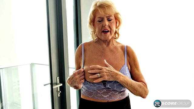 Our oldest GILF ever returns to show off her tits and finger her old snatch