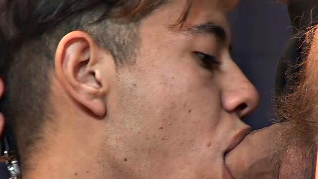 Cute young Pierce is Daddy's puppy for the evening and we find him on his knees with a leash around his neck. Daddy has a firm grip on the other end, as he instructs his pup to lick some dick.