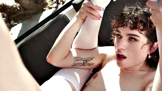 Cockhungry Trans babe sucks cock and gets rammed outdoors