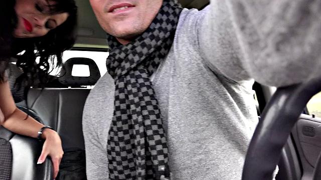 Brunette bombshell Repays the Favor with a Hot Car and Blowjob in Stockings