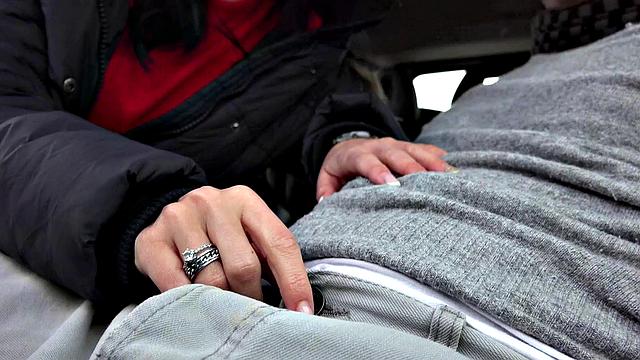 Brunette bombshell Repays the Favor with a Hot Car and Blowjob in Stockings