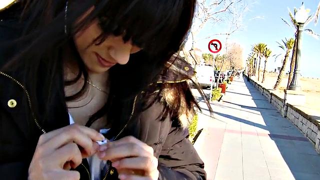 Public nympho gagging on cock in car and outdoors