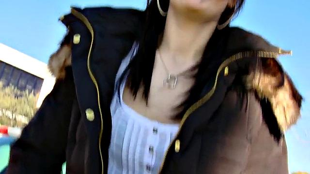 Public nympho gagging on cock in car and outdoors