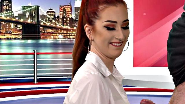 CFNM British babe sucks cock in live TV show