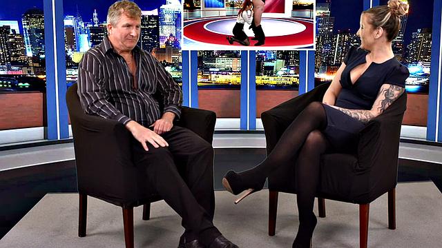 CFNM British babe sucks cock in live TV show