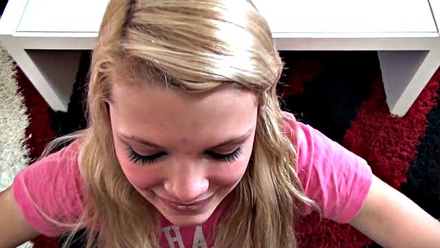 Little Taylor's homemade POV blowjob and handjob skills with a big white dick