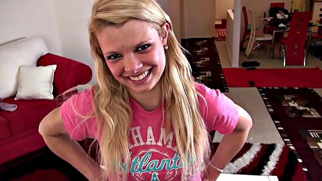 Little Taylor's homemade POV blowjob and handjob skills with a big white dick