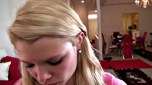 Little Taylor's homemade POV blowjob and handjob skills with a big white dick