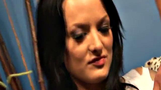 Brunette girl with sky glasses strokes two big dicks