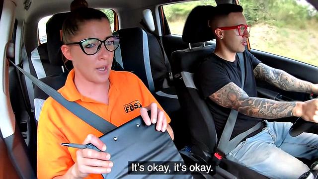 Deepthroating instructor banged in back seat