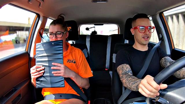 Deepthroating instructor banged in back seat