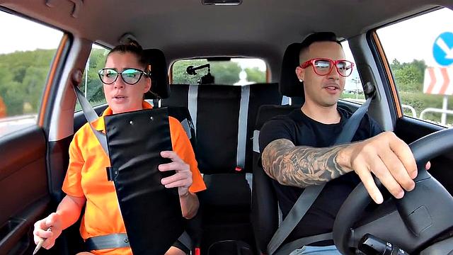 Deepthroating instructor banged in back seat