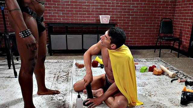 Cosplay bottom toys with dildo while black BF watches