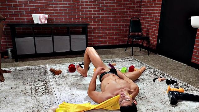 Cosplay bottom toys with dildo while black BF watches