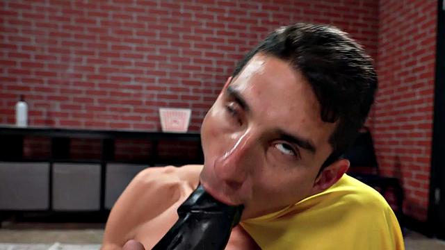 Cosplay bottom toys with dildo while black BF watches