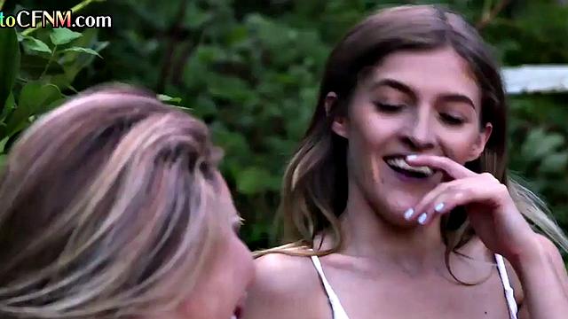 CFNM bikini babes suck lucky cock in outdoor BJ