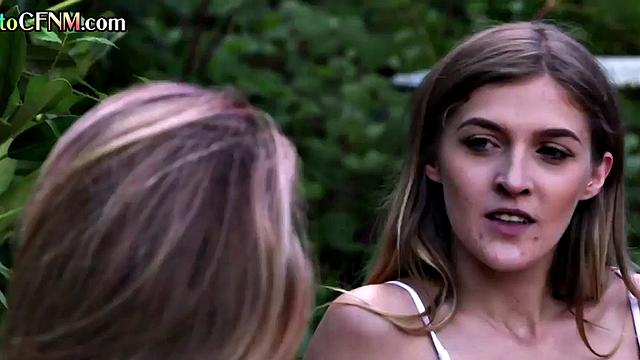 CFNM bikini babes suck lucky cock in outdoor BJ