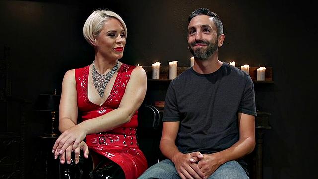 BDSM CFNM latex domina torments her sub with whipping