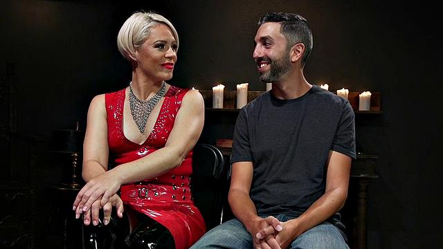 BDSM CFNM latex domina torments her sub with whipping