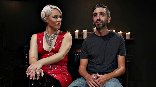 BDSM CFNM latex domina torments her sub with whipping