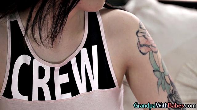 Big-titted ink babe bouncing on grandpa